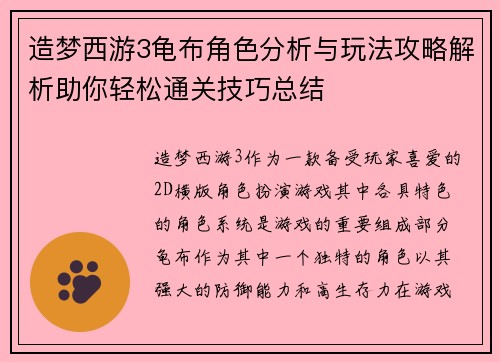 造梦西游3龟布角色分析与玩法攻略解析助你轻松通关技巧总结